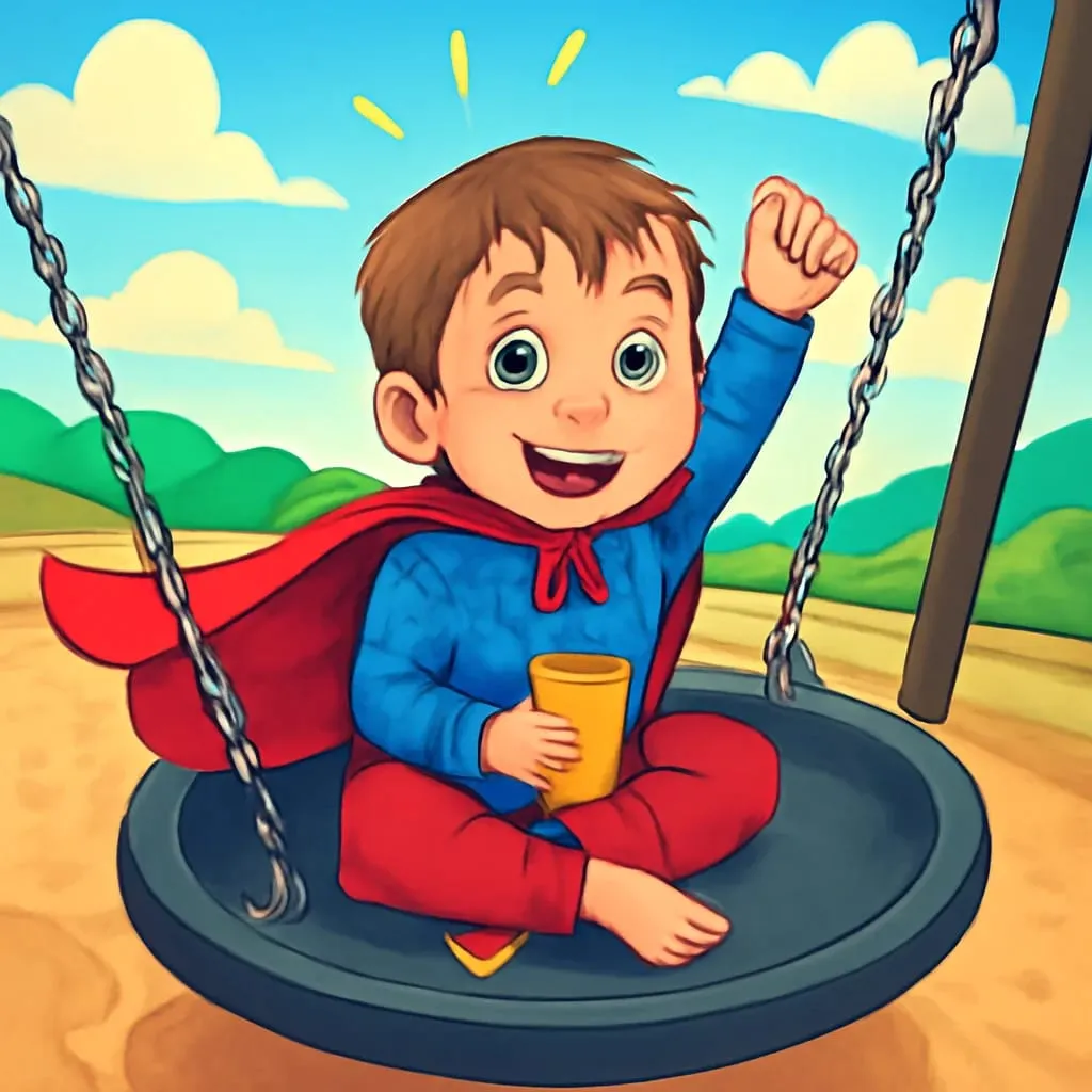 A Magic Camera result: a photo turned into a cartoon superhero on a swing