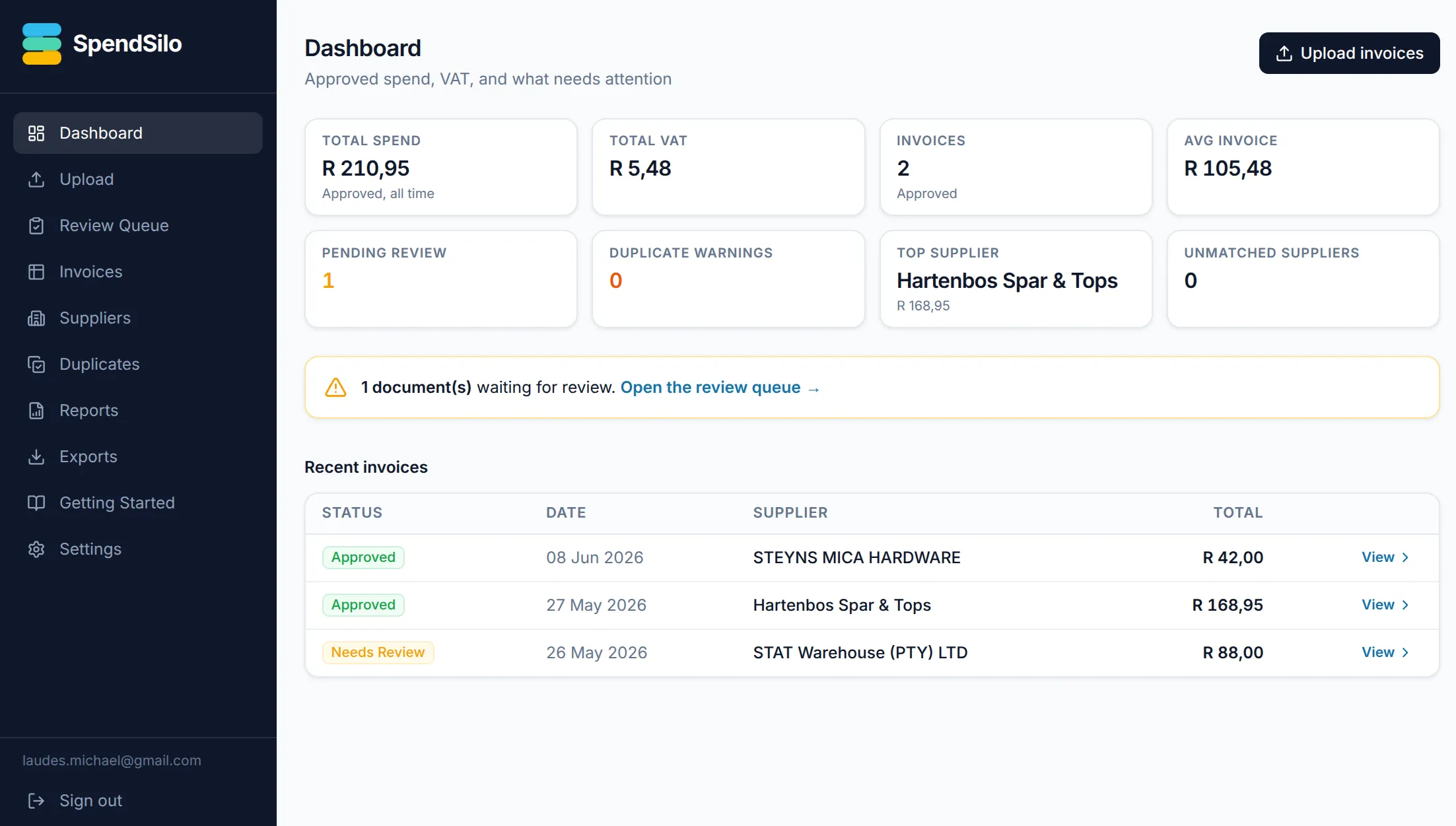 The SpendSilo dashboard: approved spend, VAT, top supplier, and what is still waiting in the review queue
